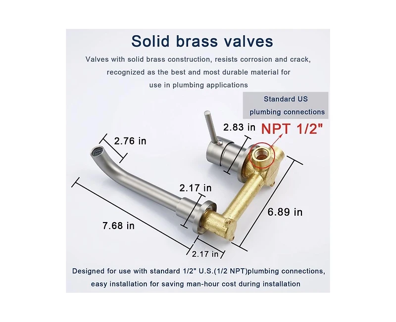 Busdays Single Handle Wall Mount Faucet Brushed Nickel 2 Hole Brass Rough in Valve Included for Bathroom Sink or Bathtub