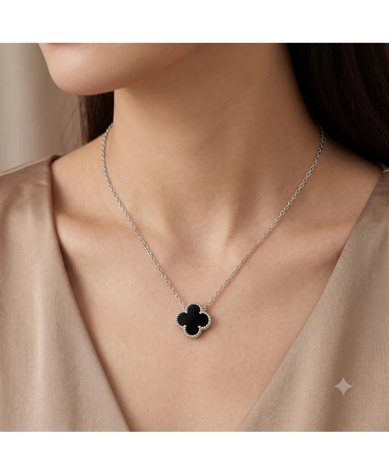Simona Sterling Silver, Onyx Clover, Beaded Outline Necklace