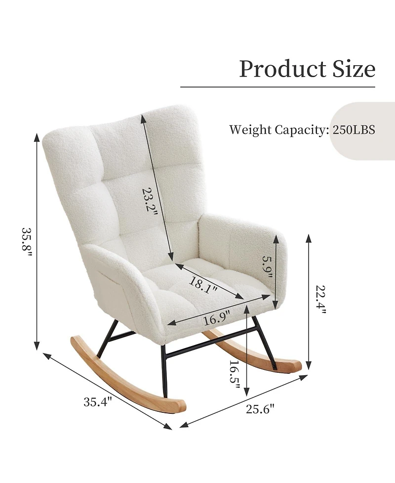 homfan Modern Nursery Rocking Chair, 300lbs Teddy Upholstered Glider with Side Pockets, High Backrest, Armrests, Metal Legs and Wood Base