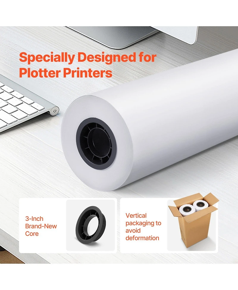 Sevorley Wide Format Plotter Paper, 24 in x 500 ft Cad Bond Rolls, 2-Pack with 3 in Core