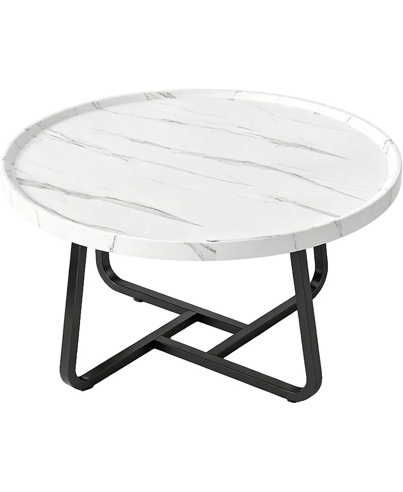 homfan 19.69" Round Industrial Coffee Table, White Wood-Look Top, Modern Accent Table for Living Room