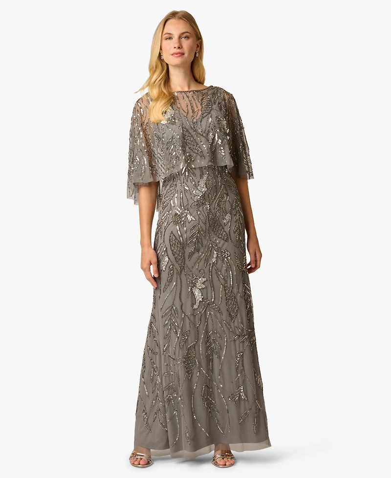 Adrianna Papell Women's Beaded Cape V-Neck Long Gown