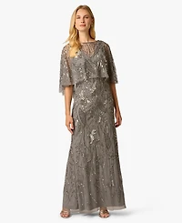 Adrianna Papell Women's Beaded Cape V-Neck Long Gown