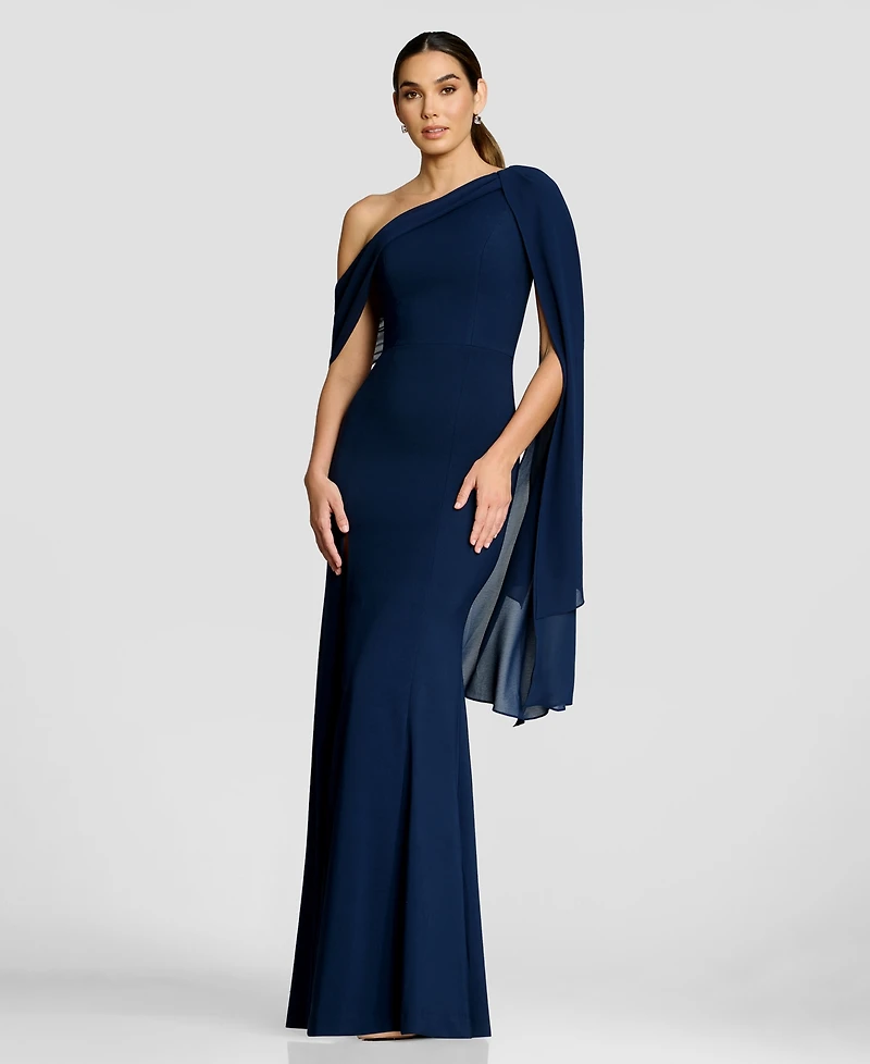 Dress the Population Women's Asymmetrical Neck Shoulder-Drape A-Line Gown