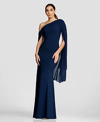 Dress the Population Women's Asymmetrical Neck Shoulder-Drape A-Line Gown