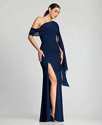 Dress the Population Women's Asymmetrical Neck Shoulder-Drape A-Line Gown