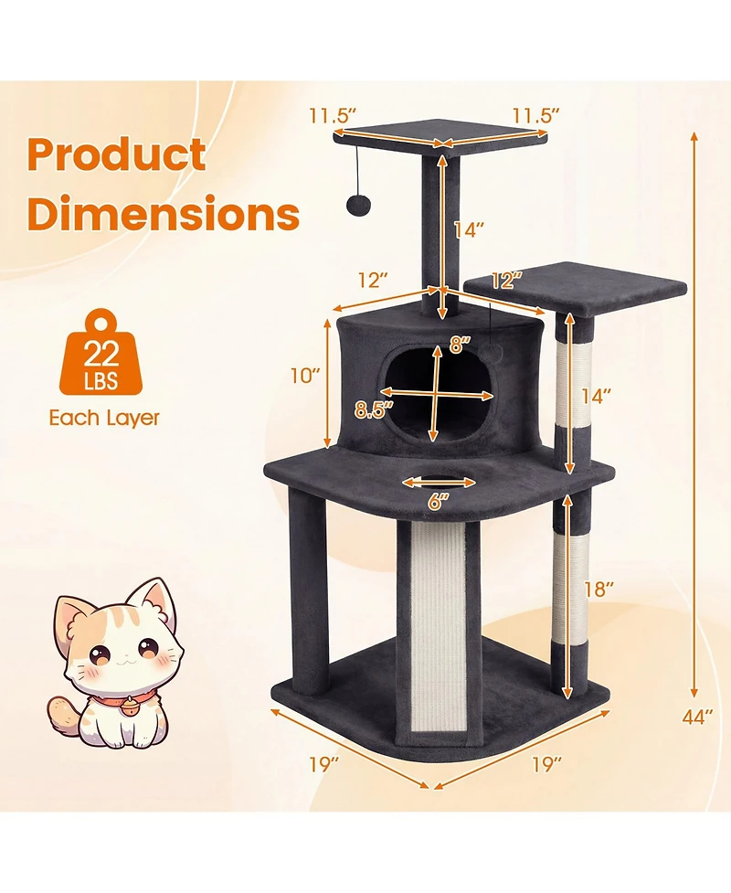 Gymax Cat Tree Multi-Level Tower With Top Perches and Cozy Condo Climbing Ladder