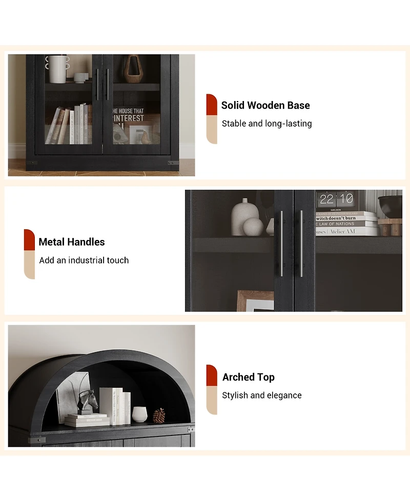 homfan Arched Storage Cabinet with Glass Doors, Tall 4 Tier Freestanding Organizer for Entryway, Living Room, Home Office