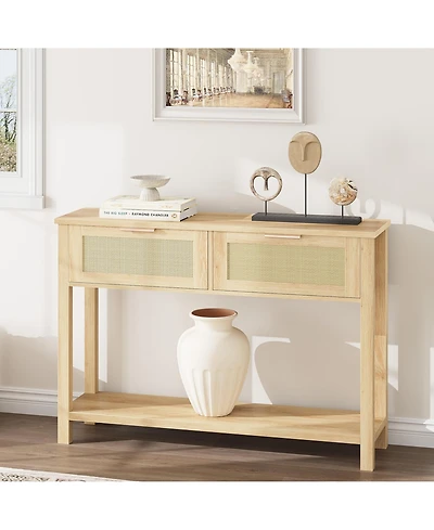 homfan Boho Rattan Console Table with 2 Drawers - Narrow Sofa Side Table - 2-Tier Wooden Storage Shelf