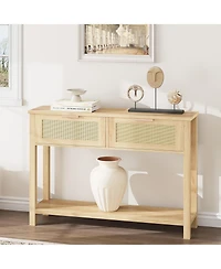 homfan Boho Rattan Console Table with 2 Drawers - Narrow Sofa Side Table - 2-Tier Wooden Storage Shelf