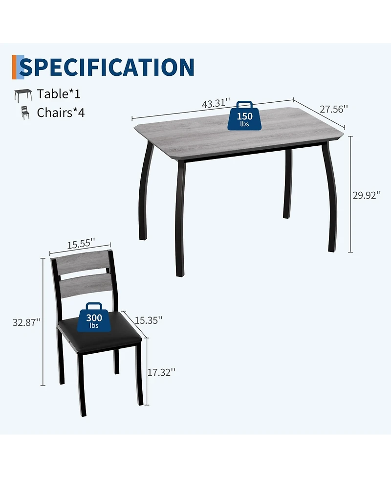 homfan Dining Table Set of 5, Wooden Kitchen Table with Metal Frame and Upholstered Chairs for Small Space Apartment