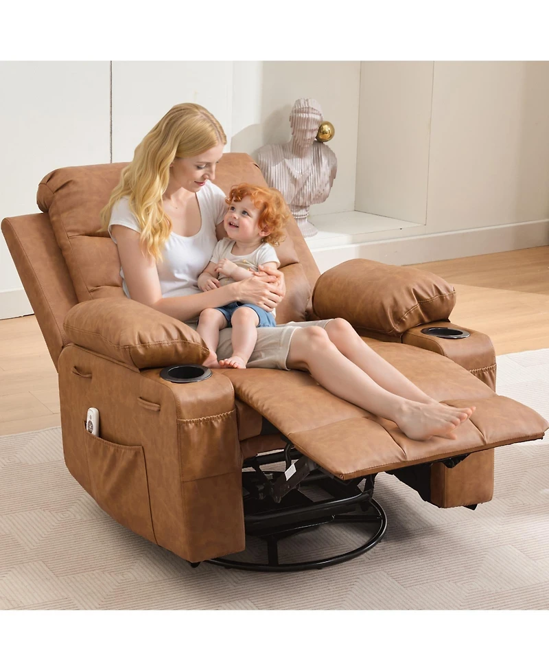 homfan Oversized Manual Rocking Chair, Corduroy 360degree(s) Swivel Glider with Cup Holder, Massage and Heat Recliner, Small Sofa Chair