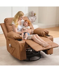homfan Oversized Manual Rocking Chair, Corduroy 360degree(s) Swivel Glider with Cup Holder, Massage and Heat Recliner, Small Sofa Chair