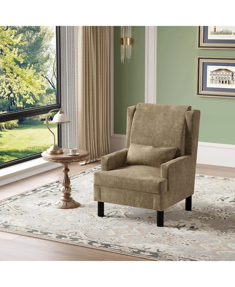 homfan Wingback Accent Chair for Living Room, Mid-Century Modern Reading Chair with Chenille Upholstery, High Back, Pillow and Wood Legs