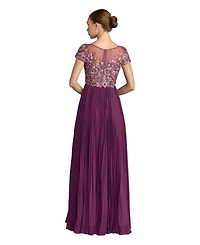 Mac Duggal Women's Embroidered Cap Sleeve Pleated Gown