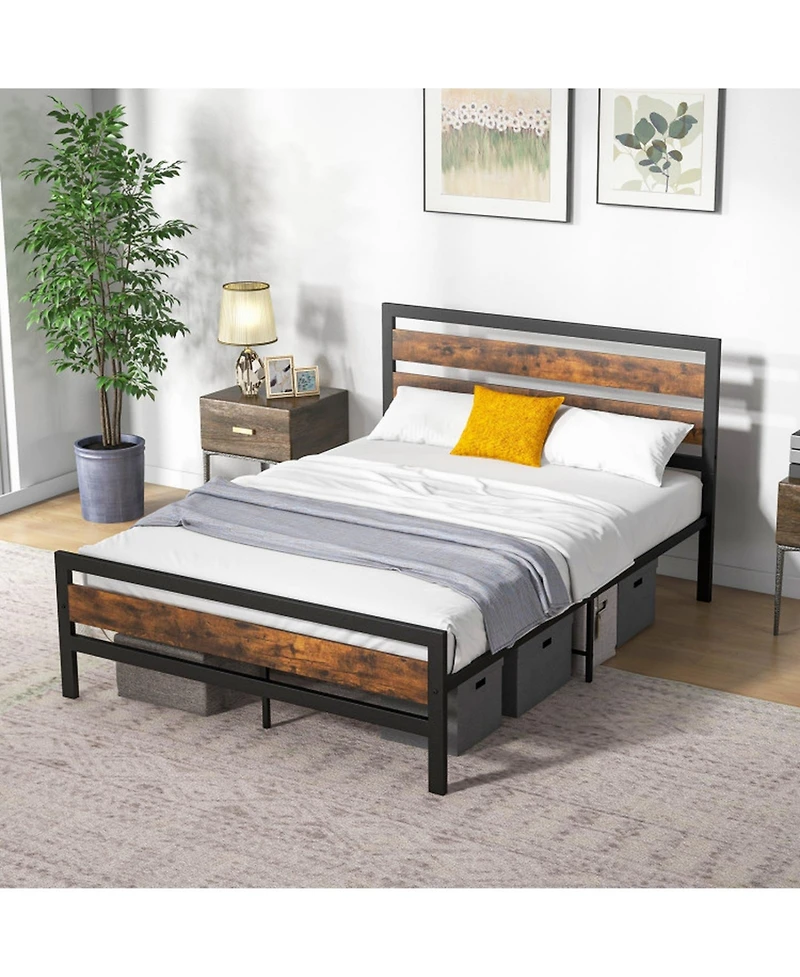 Gouun Full Size Industrial Metal Bed Frame with Rustic Headboard and Footboard
