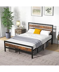 Gouun Full Size Industrial Metal Bed Frame with Rustic Headboard and Footboard