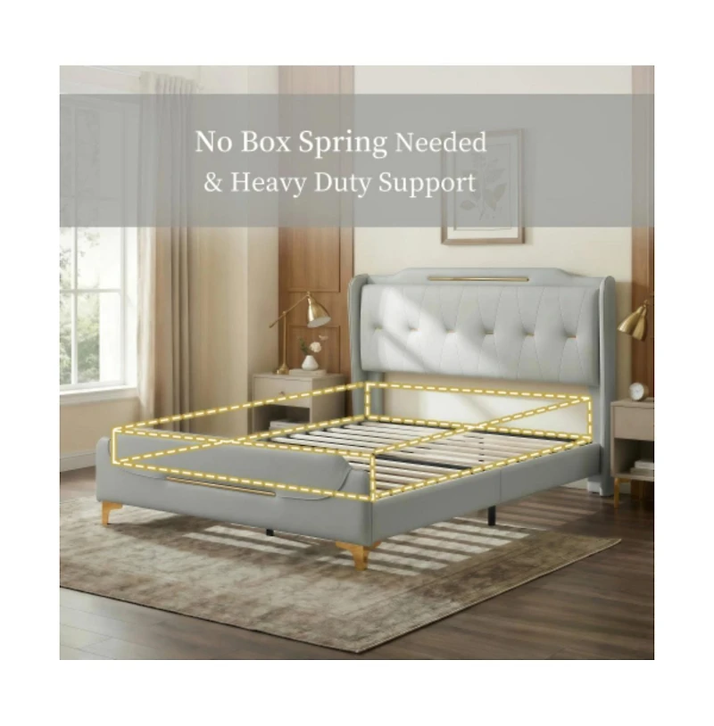 Lucky One Queen Size Pu Leather Platform Bed with Wingback Headboard - No Box Spring Needed