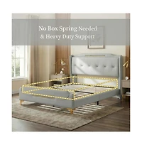 Lucky One Queen Size Pu Leather Platform Bed with Wingback Headboard - No Box Spring Needed