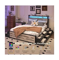 Lucky One Full Size Bed Frame with Storage Headboard, 12 Drawers, Led Lights, Charging Station, Anti-Slip Metal Slats, No Box Spring Needed