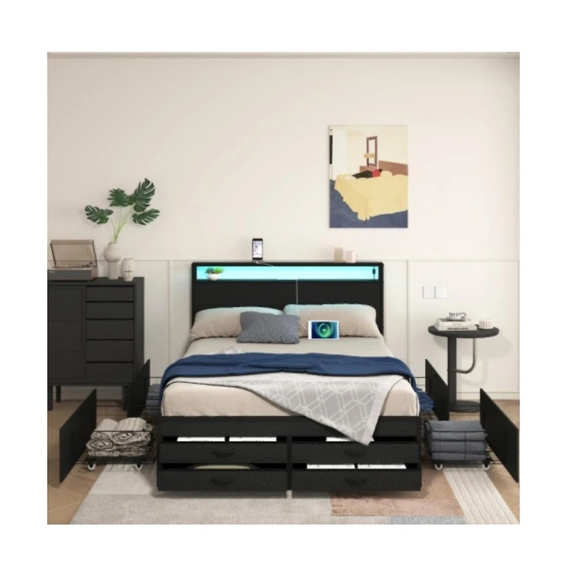 Lucky One Queen Size Bed Frame with 8 Storage Drawers, Led Headboard, Usb Charging Station, Metal Platform