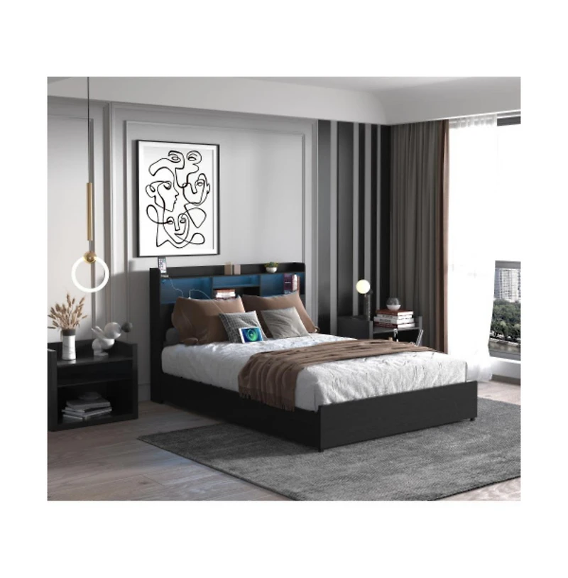 Lucky One Queen Size Bed Frame with 4 Storage Drawers, Storage Headboard, Led Lights, Usb Charging Station, No Box Spring Needed