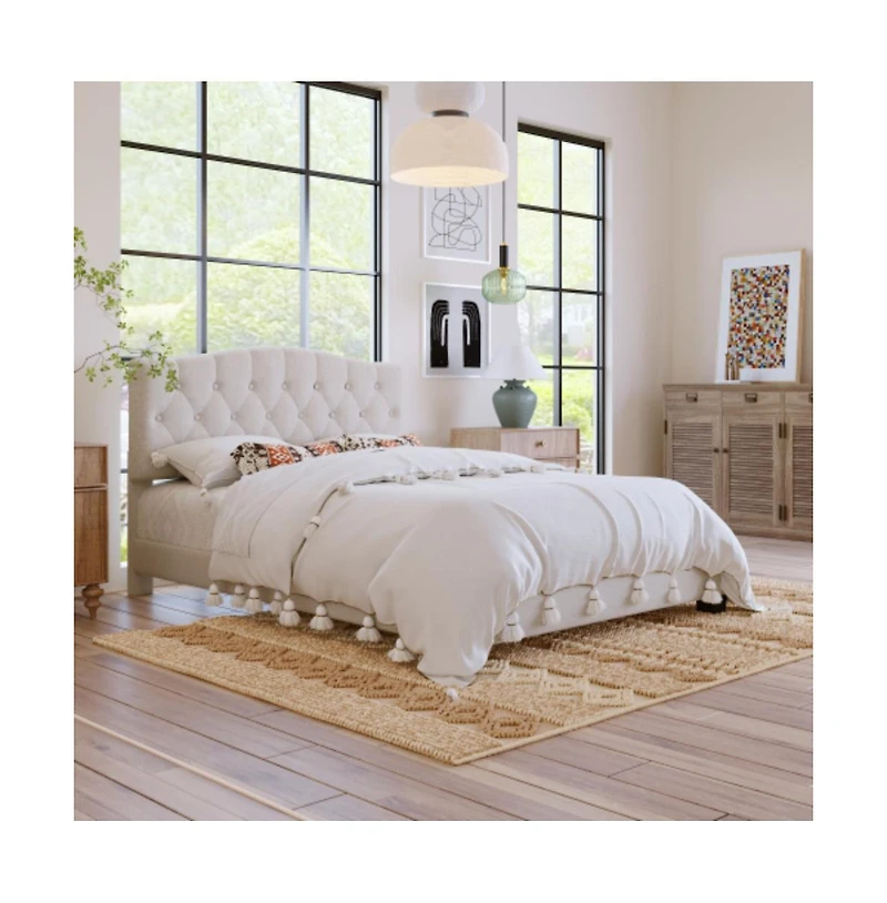 Lucky One Queen Size Upholstered Platform Bed with Adjustable Curved Headboard, Diamond Tufting, Wooden Slats, No Box Spring Needed