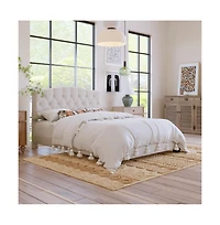 Lucky One Queen Size Upholstered Platform Bed with Adjustable Curved Headboard, Diamond Tufting, Wooden Slats, No Box Spring Needed