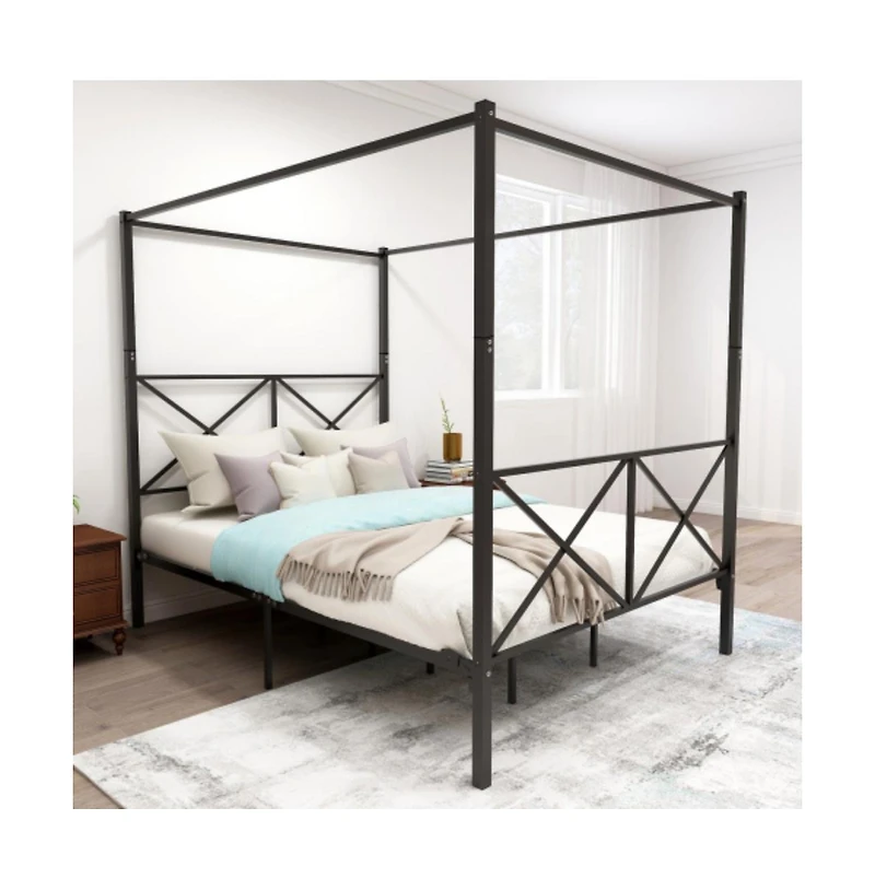 Lucky One Queen Size Metal Canopy Bed Frame with X-Shaped Frame, Platform Bed, Steel Construction, No Box Spring Needed, Under-Bed Storage