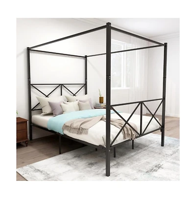 Lucky One Queen Size Metal Canopy Bed Frame with X-Shaped Frame, Platform Bed, Steel Construction, No Box Spring Needed, Under-Bed Storage