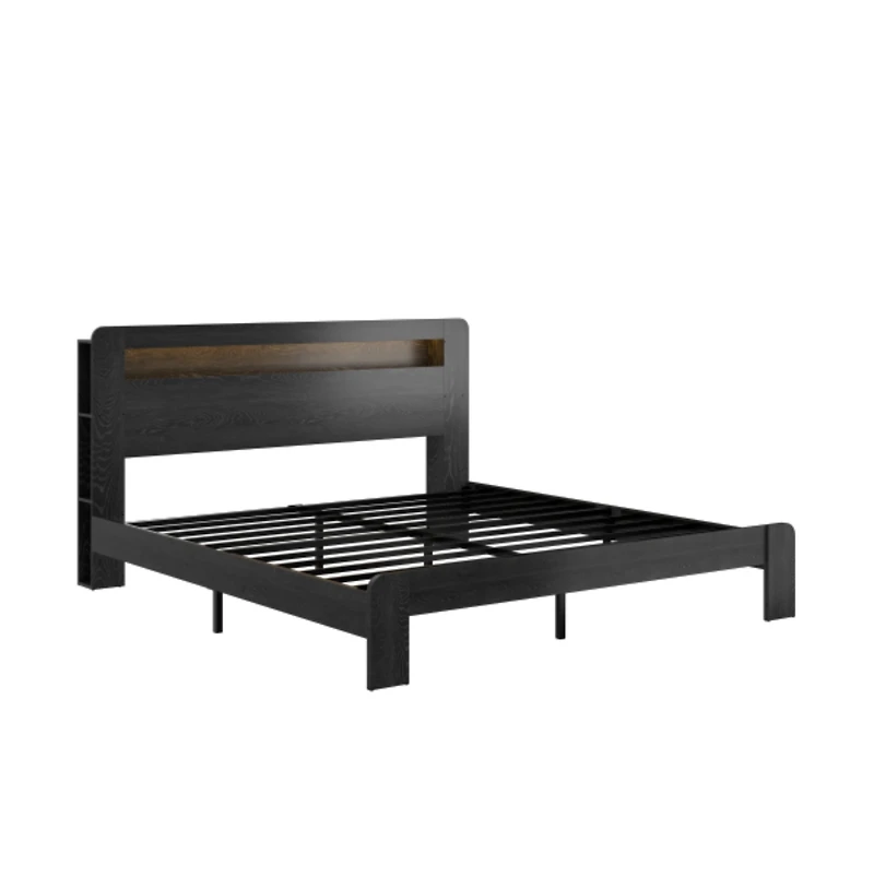 Lucky One Full Size Wood Platform Bed Frame with Storage Led Headboard, Usb Ports, Wood Slats, No Box Spring Needed