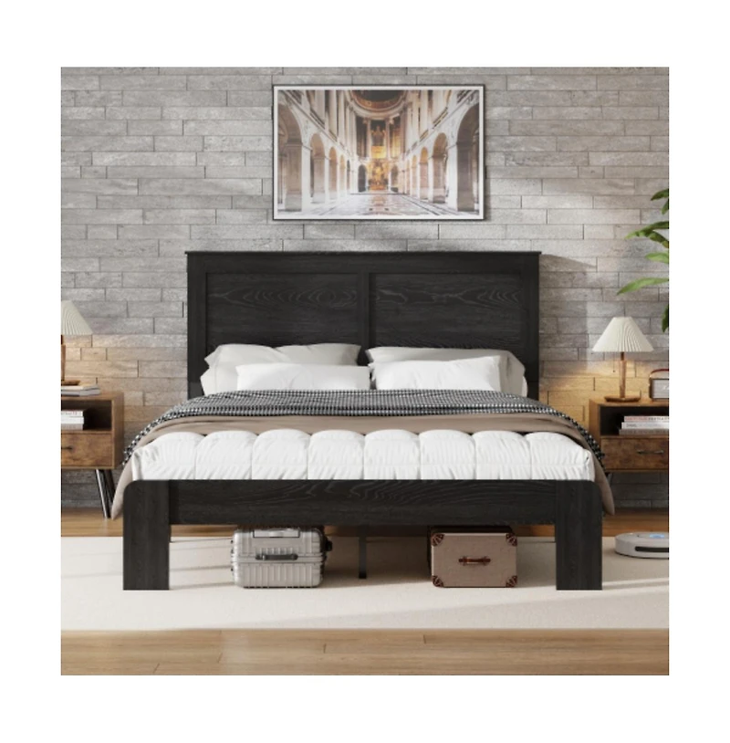 Lucky One Queen Size Wood Platform Bed Frame with Industrial Style, Metal Frame, Wood Slats, No Box Spring Needed