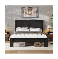 Lucky One Queen Size Wood Platform Bed Frame with Industrial Style, Metal Frame, Wood Slats, No Box Spring Needed