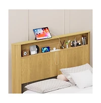 Lucky One Queen Size Bed Frame with Storage Headboard, Usb Charging Station, Wavy Curved Design, Metal Support, No Box Spring Needed