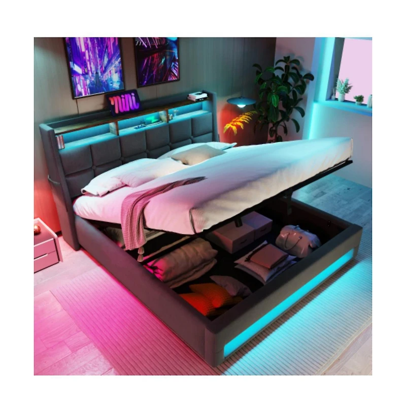 Lucky One Queen Size Upholstered Platform Bed with Hydraulic Storage, Led Lights, Usb Charging Station, No Box Spring Needed