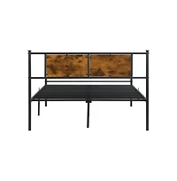 Lucky One Full Size Metal Bed Frame with Wood Panel Headboard, Steel Structure, No Box Spring Needed, Under-Bed Storage