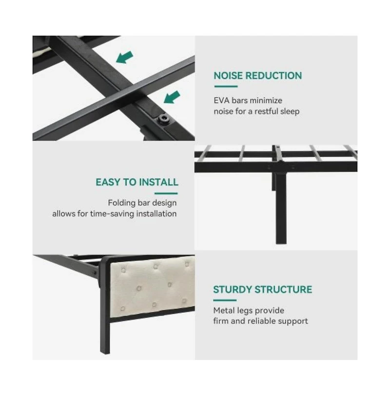 Lucky One Queen Size Platform Bed Frame with Charging Station, Upholstered Storage Headboard and Footboard, Metal Slats, No Box Spring Needed