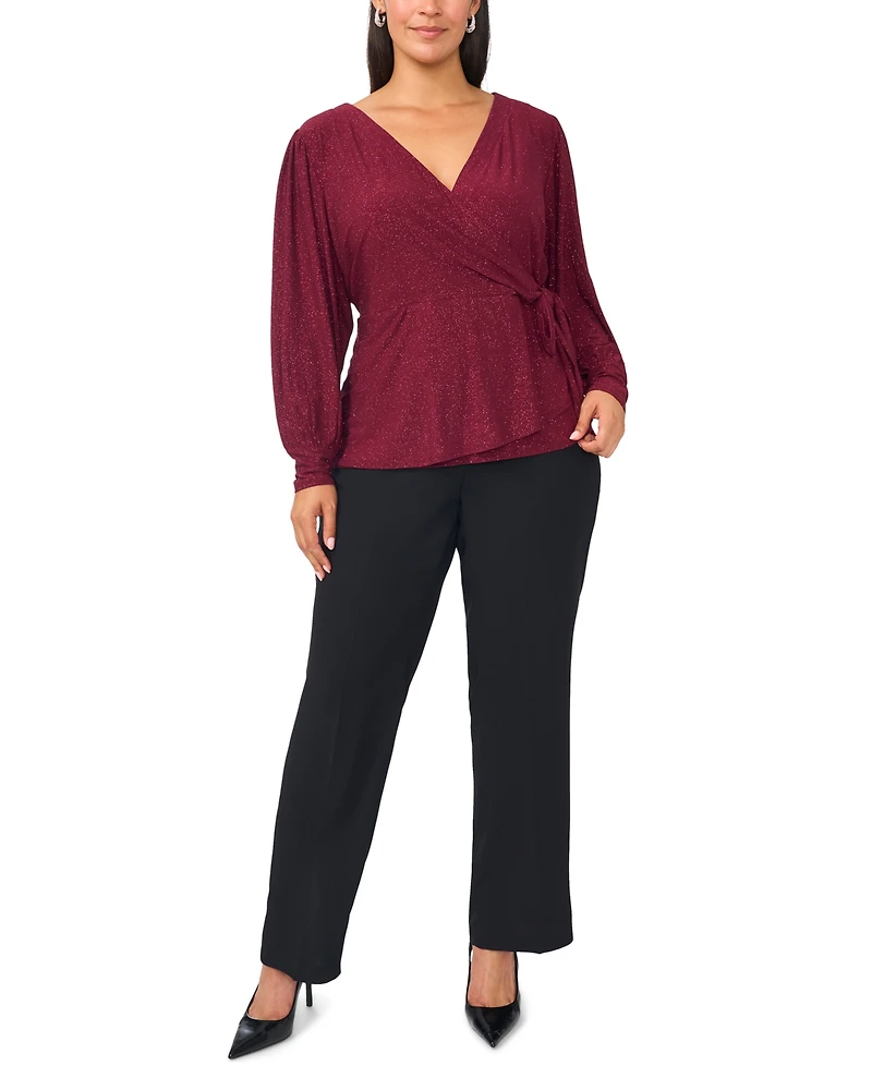 Msk Plus Faux-Wrap V-Neck Long-Sleeve Top