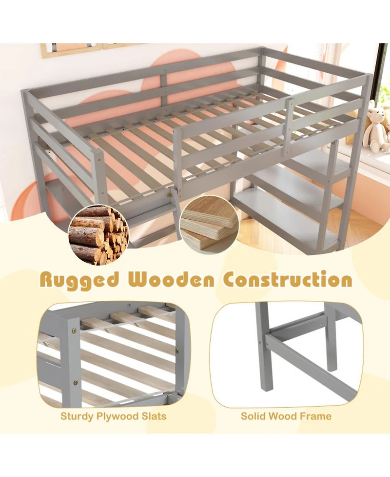 Gouun Twin Loft Bed with Integrated Desk and Bookshelves for Kids and Teens