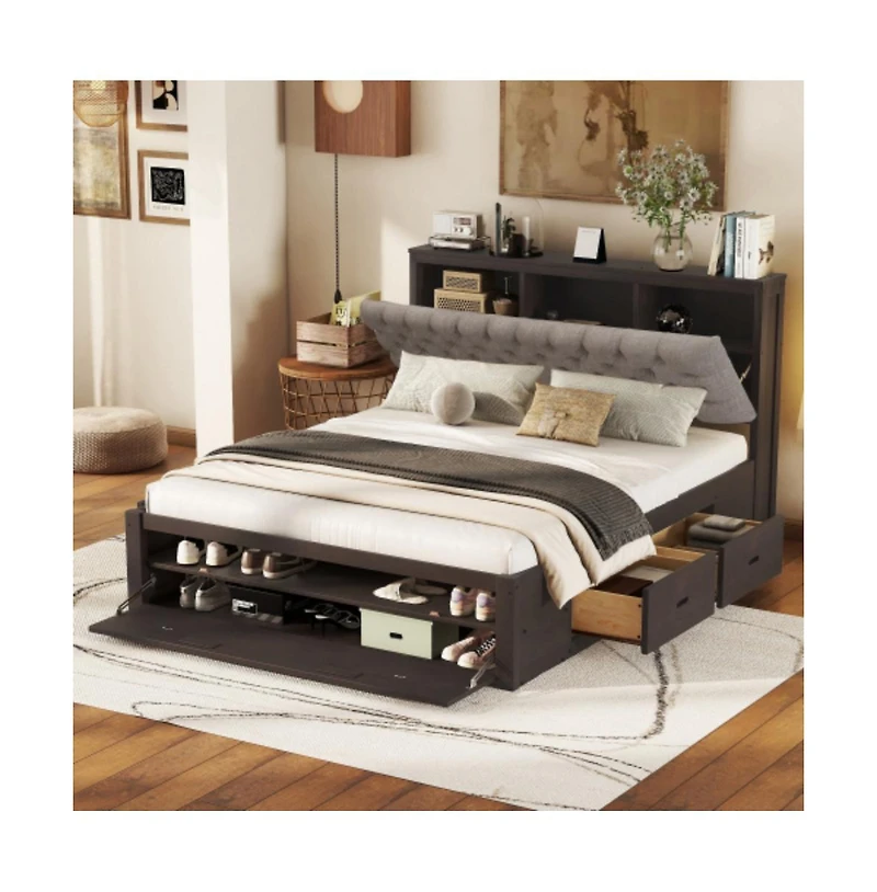 Lucky One Queen Size Wood Platform Bed with Storage Headboard, 4 Drawers, Shoe Rack, Wood Slats, No Box Spring Needed
