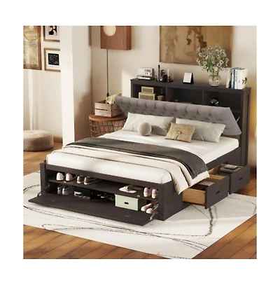 Lucky One Queen Size Wood Platform Bed with Storage Headboard, 4 Drawers, Shoe Rack, Wood Slats, No Box Spring Needed