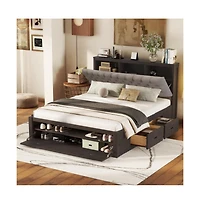 Lucky One Queen Size Wood Platform Bed with Storage Headboard, 4 Drawers, Shoe Rack, Wood Slats, No Box Spring Needed