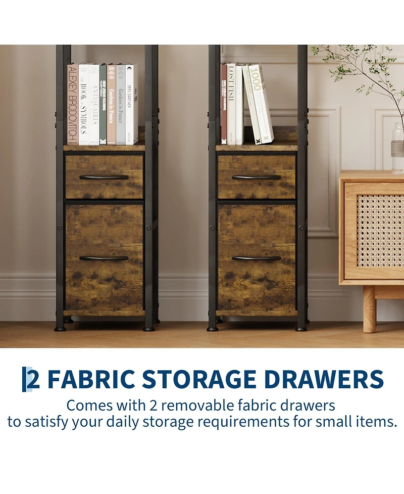 homfan 6-Tier Tall Narrow Industrial Bookshelf with 2 Fabric Drawers, Metal Frame