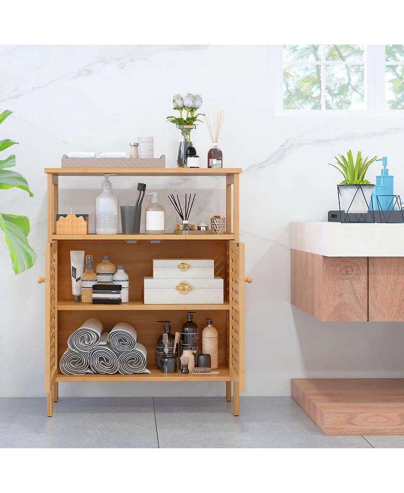Gymax Bathroom Floor Cabinet Freestanding Bamboo Storage Organizer w/ Double Shutter Doors