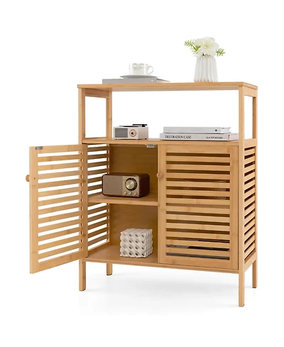 Gymax Bathroom Floor Cabinet Freestanding Bamboo Storage Organizer w/ Double Shutter Doors