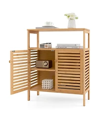 Gymax Bathroom Floor Cabinet Freestanding Bamboo Storage Organizer w/ Double Shutter Doors