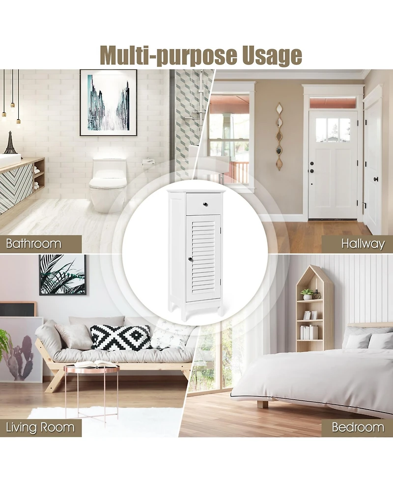 Gymax Bathroom Floor Storage Cabinet Side Wooden Organizer with Drawer and Shutter Door