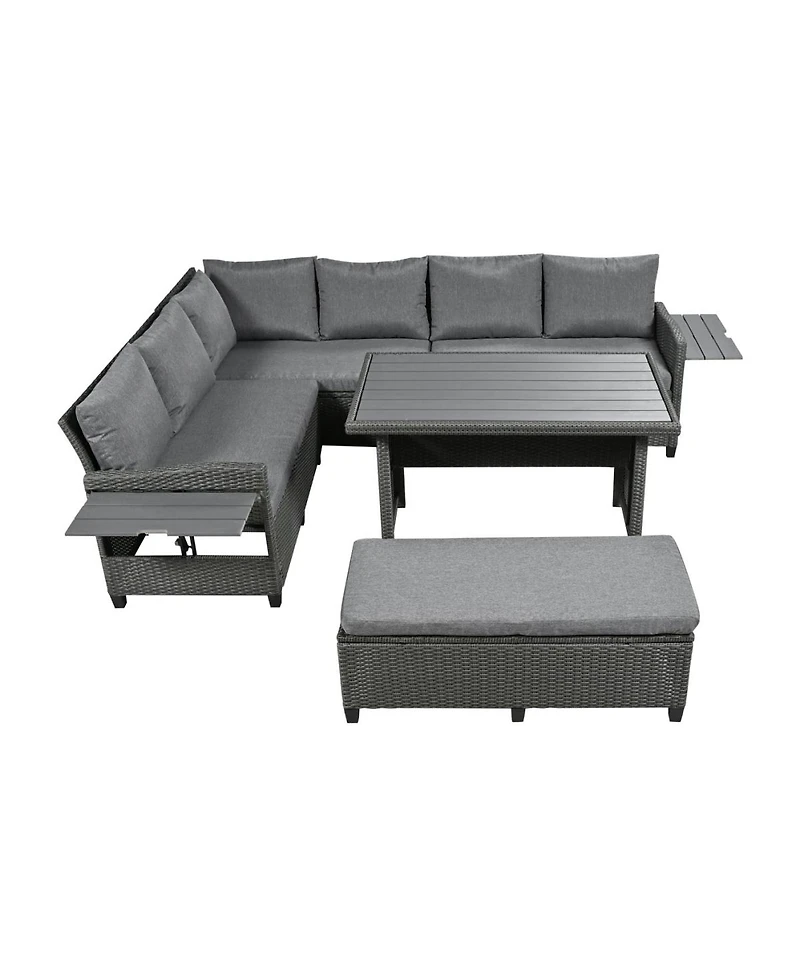 Asagikoiai 5-Piece Rattan L-Shaped Outdoor Sectional Sofa Set with Coffee and Side Tables-Asagikoiai