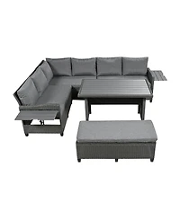 Asagikoiai 5-Piece Rattan L-Shaped Outdoor Sectional Sofa Set with Coffee and Side Tables-Asagikoiai