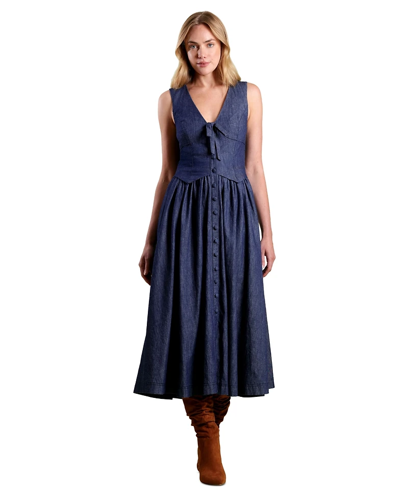 Avec Les Filles Women's Tencel Denim Vest Twofer Midi Dress